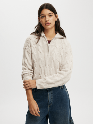 Women's Cotton On Beige Cotton Cable Half Zip Pullover