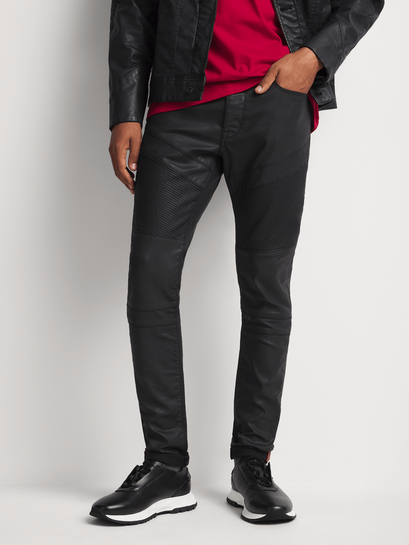 Fabiani Men's Black Coated Biker Denim Jeans Bash