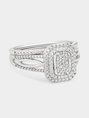 Sterling Silver Lab Grown Diamond Rectangle Triple Halo Leaf Twinset Ring