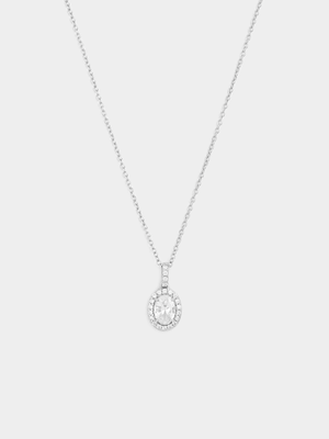 Sterling Silver Cubic Zirconia Oval Halo Pendant