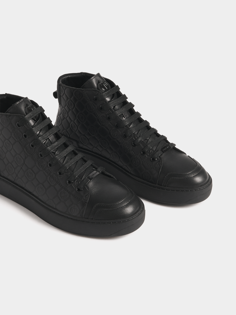 Fabiani Men's Black Leather Monogram High Top Sneakers Bash