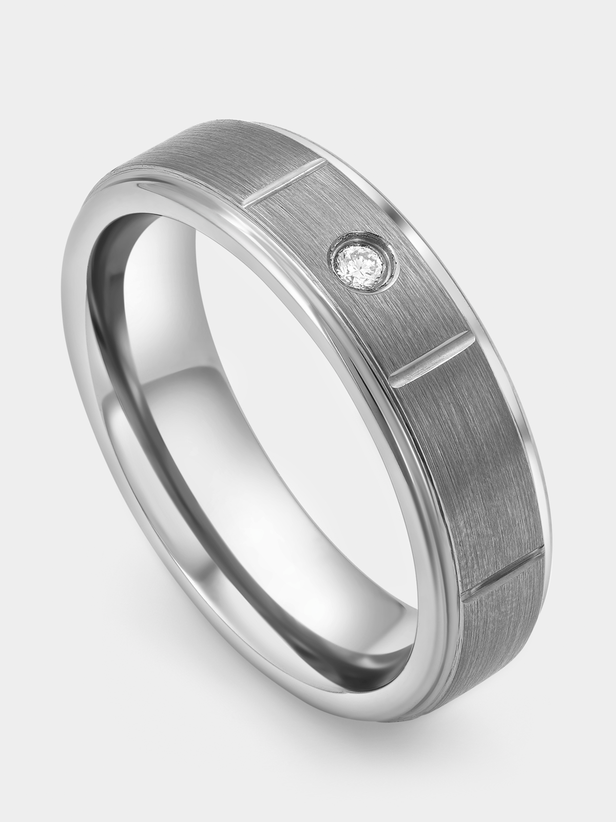 Tungsten Lab Grown Diamond Solitaire Vertical Groove Station Ring | Bash