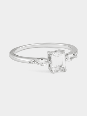 Sterling Silver White Sapphire Baguette Marquise Ring