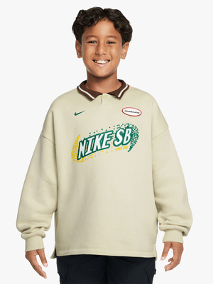 Nike Unisex Youth Logo Graphic Polo Beige/Green Shirt
