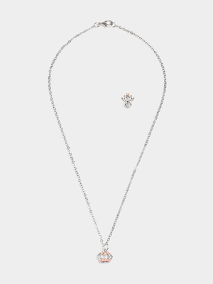 Girl's Silver Crown Necklace & Earrings Set