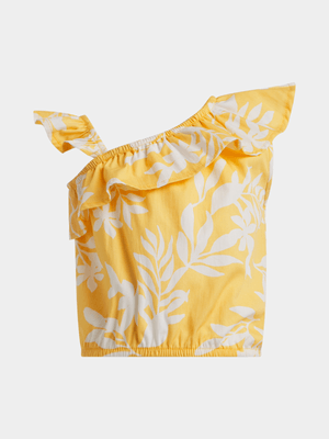 Exact Older Girl's Yellow Tropical Print One Shoulder Top