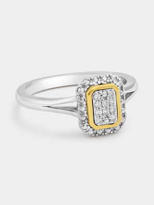 Yellow Gold & Sterling Silver Diamond Multi-Stone Rectangle Halo Ring