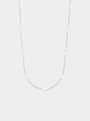 Sterling Silver Freshwater Pearl Oval Link Station Necklace