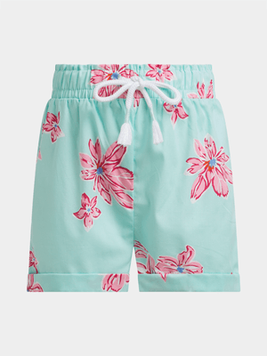 Exact Younger Girl's Blue Floral Print Poplin Shorts