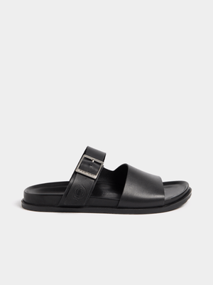Fabiani Men's Black Leather Single Buckle Slide Sandal
