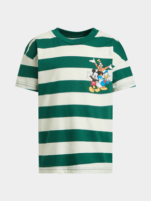 Jet Younger Boys Green & Cream Stripe Mickey T-shirt