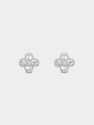 Sterling Silver Cubic Zirconia Baguette Clover Stud Earrings
