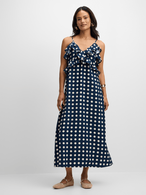 Jet Women's Navy Cream Polka Dot Frill Dress