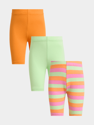 Jet Younger Girls 3 Pack Orange Green Stripe Cycle Shorts