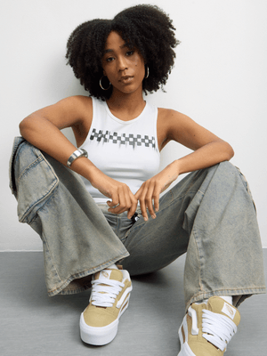 Vans Women's Checkerboard Fitted Crop White Tank Top