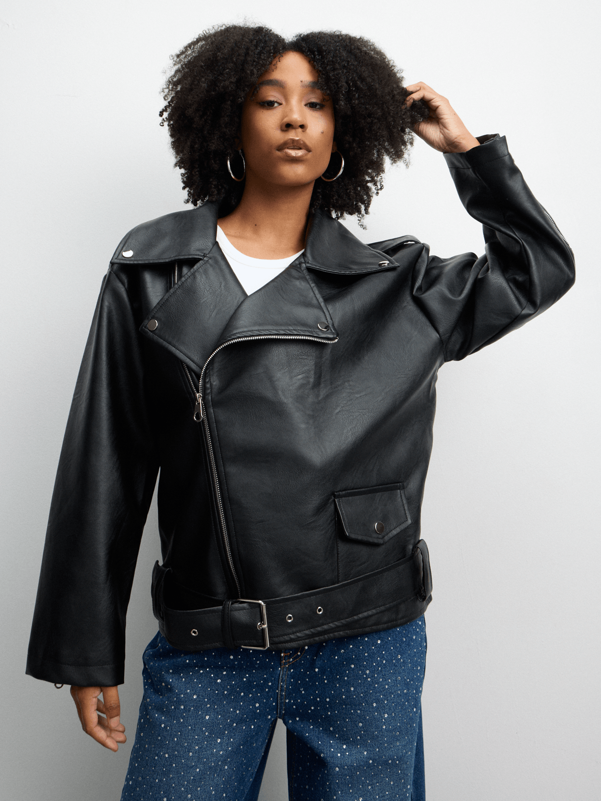 The FIX Women's Black Pu Oversized Biker Jacket | Bash