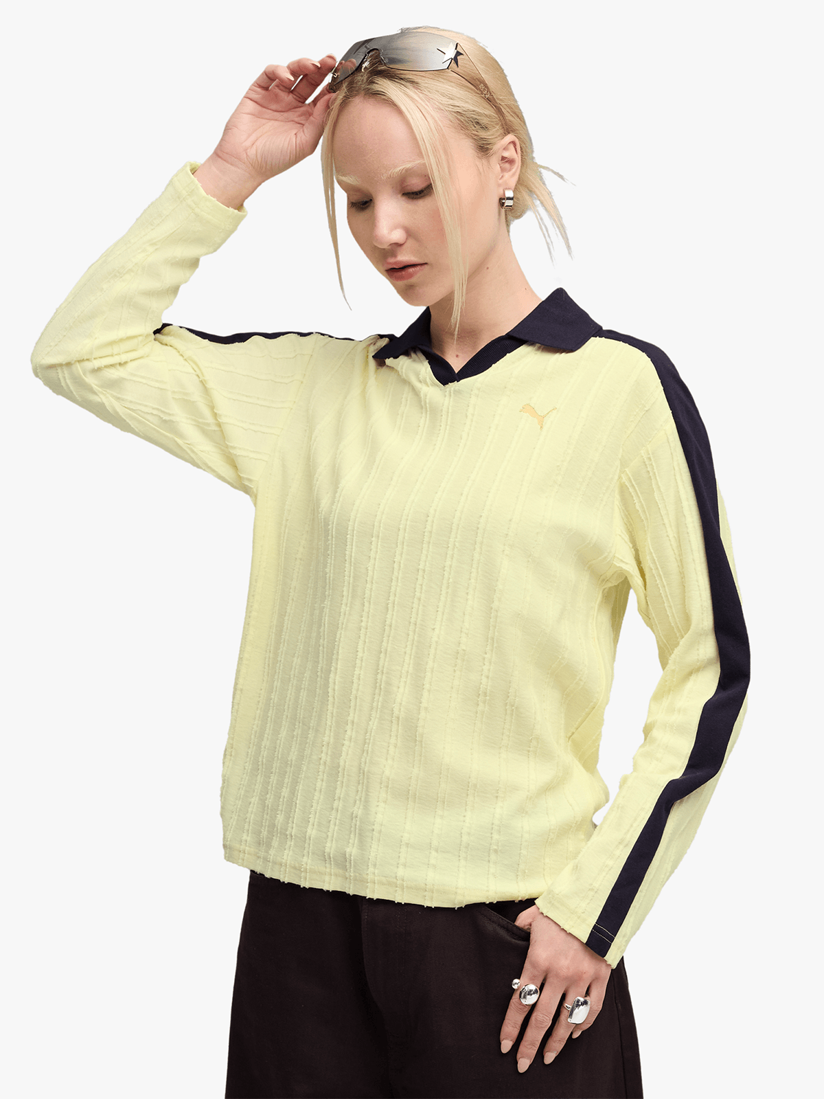 Puma Women's T7 Relaxed Long Sleeve Polo Yellow T-shirt | Bash