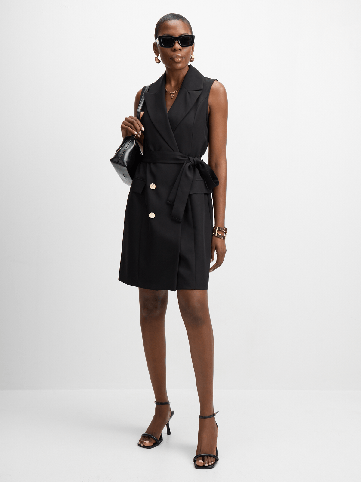 black blazer dress gold buttons Blazer Mini Dress with Pleated Skirt