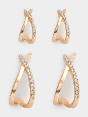 2 Pack Criscross Stud With Diamante Earrings
