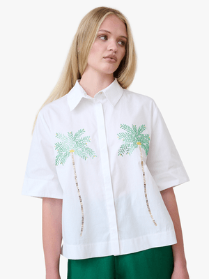 Women's Me&B White Boxy Shirt with Sequin Palms