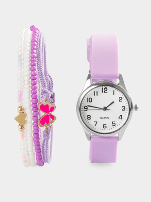 Girl's Purple Watch & Butterfly Bracelet Set