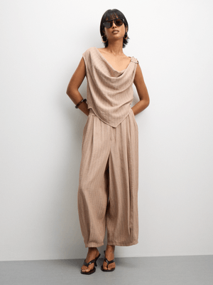 The FIX Women's Taupe Stripe Co-ord Linen Barrel Pants With Darts