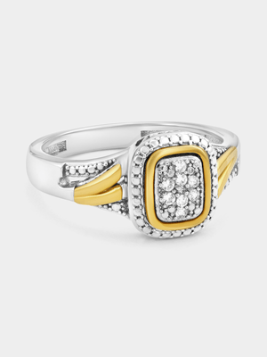 Yellow Gold & Sterling Silver White Sapphire Rectangle Halo Ring
