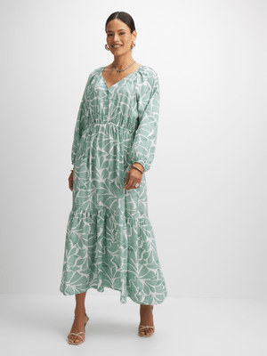 Exact Women's Green Abstract Print Tiered Dress