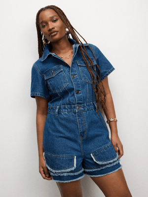 The FIX Women's Mid Wash Frayed Denim Shortall