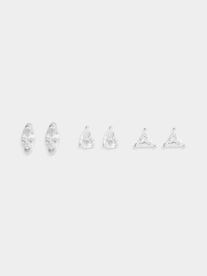 Rhodium Plated Cubic Zirconia Assorted Stud Earrings 3-Pack Set
