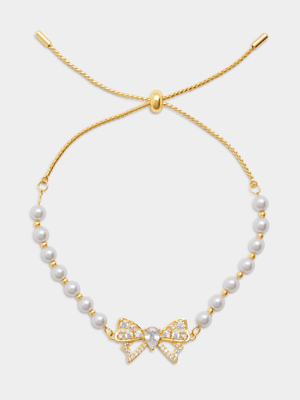 14ct Gold Plated Pearl & Cubic Zirconia Bow Slider Bracelet