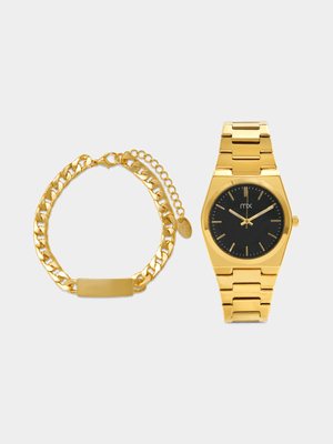 MX Gold Plated Black Dial Bracelet Watch & Curb ID Bracelet Set