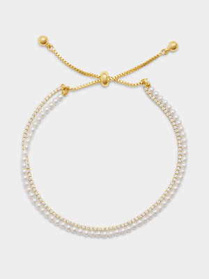 14ct Gold Plated Pearl & Cubic Zirconia Slider Bracelet