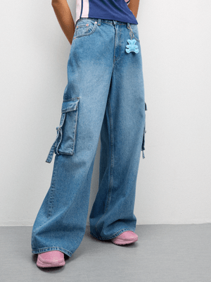 Redbat Women's Light Wash Wide Leg Utility Jeans