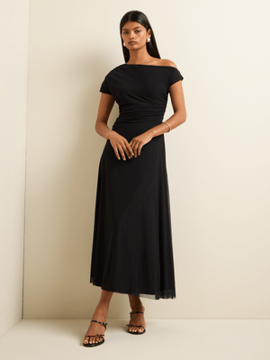 Women's Iconography Asymmetric Neckline Mesh Maxi Dress Black