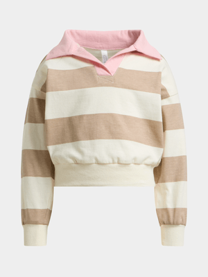 Exact Younger Girl's White & Natural Striped Rugby Top