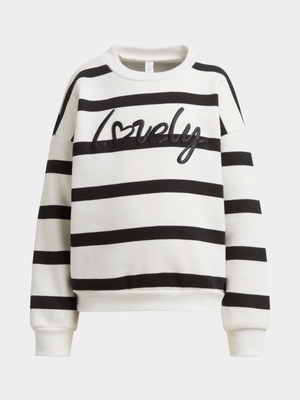 Exact Older Girl's White & Black Striped Sweat Top