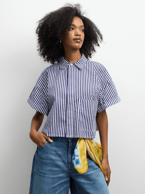 The FIX Women's Blue Stripe Poly Cotton Boxy Cropped Shirt