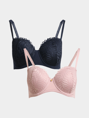 Jet Women's 2 Pack Pink Navy Lace Balc Bra