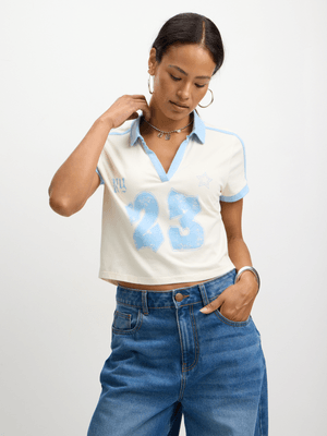 Jet Womens Cream Faded Print Fitted Collar T-shirt