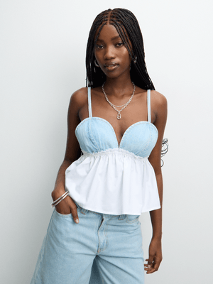 The FIX Women's Light-Wash Woven Denim Cami with White Frill Hem