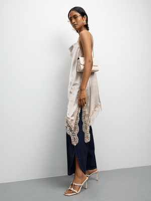 The FIX Women's Champagne Satin Asymmetrical Cami With Lace