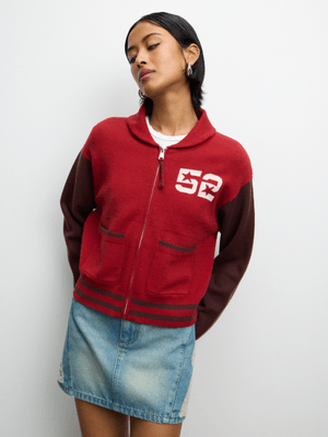 The FIX Women's Red Knit Collegiate Zipthru Cardigan