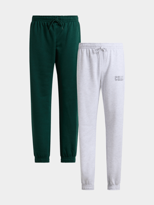 Jet Younger Boys 2 Pack Grey Melange/Green Matching Active Pants