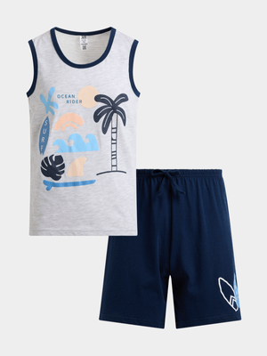 Jet Younger Boys Grey & Navy Palm Tree Short PJ Set