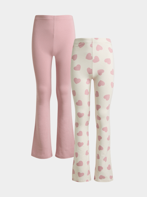 Jet Younger Girls 2 Pack Pink And Cream Heart AOP Leggings