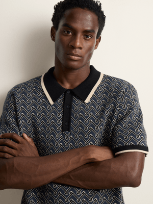 Fabiani Men's Blues Multi 2 Tone Crest Knit Polo Shirt