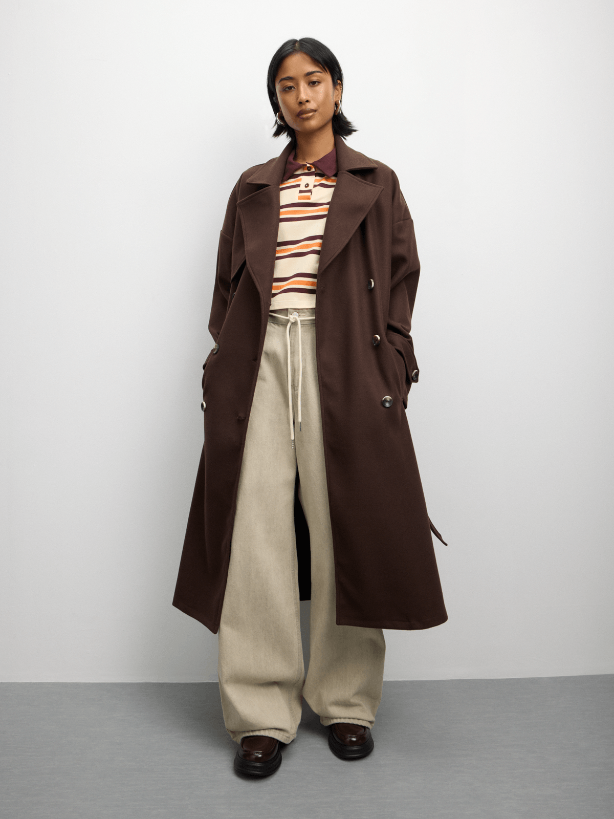 The FIX Women's Brown Melton Double Flap Trench Coat | Bash
