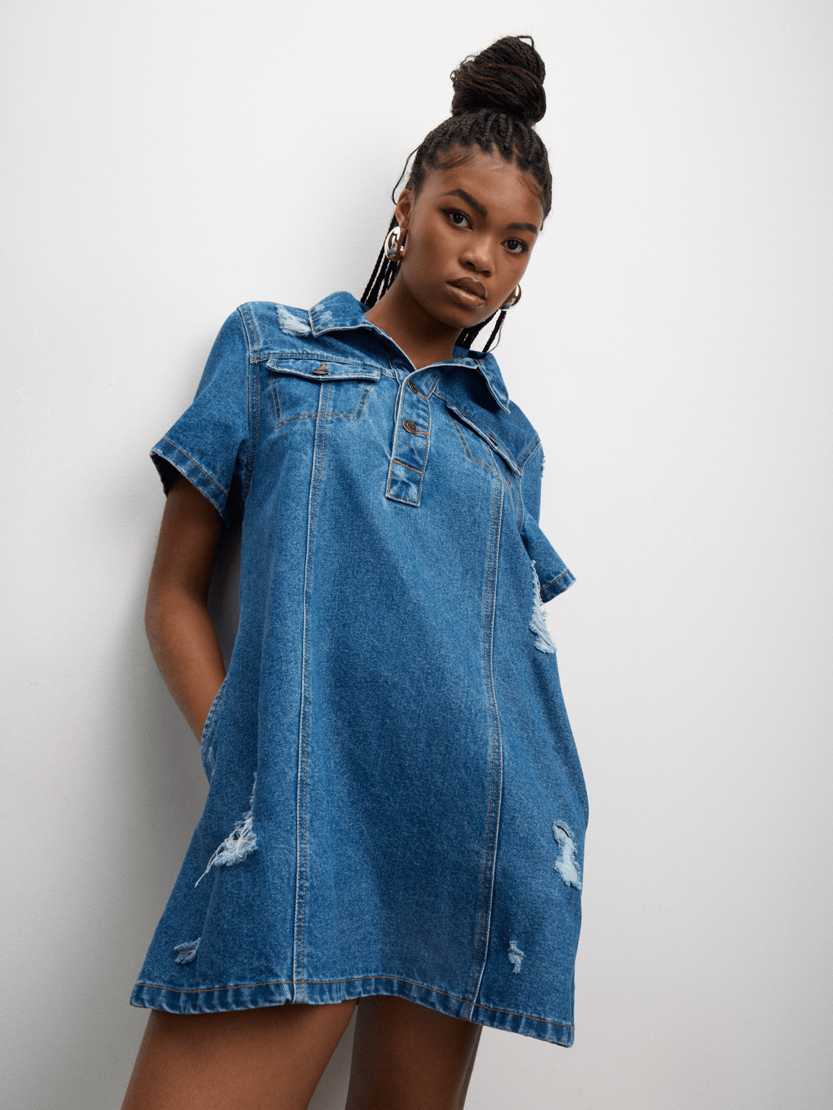 The FIX Women's Medium Wash Pocket A-Line Mini Denim Dress | Bash