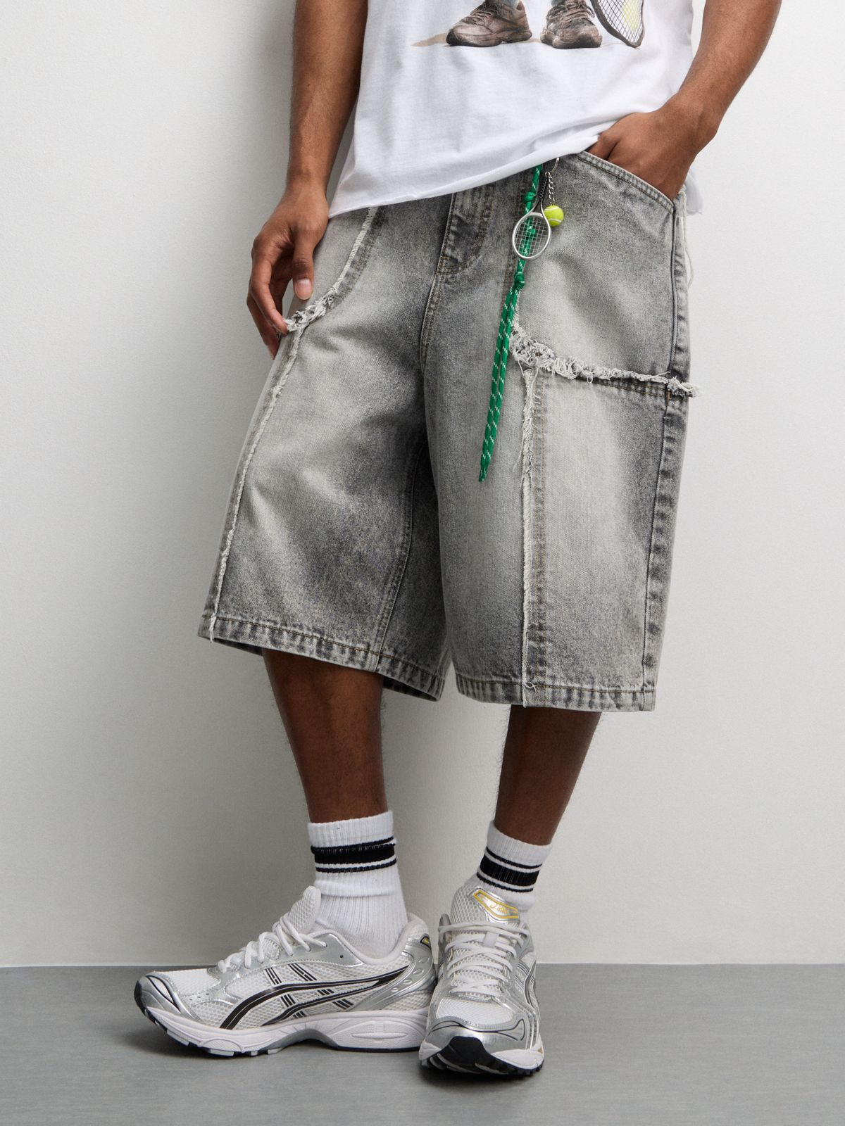 The FIX Men's Acid Grey Wash Frayed Panel Bermuda Denim Shorts | Bash